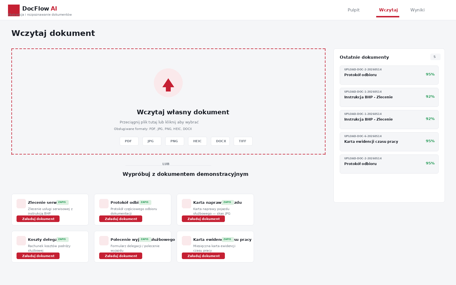 Ekran wczytywania dokumentu — drag & drop, scenariusze demo