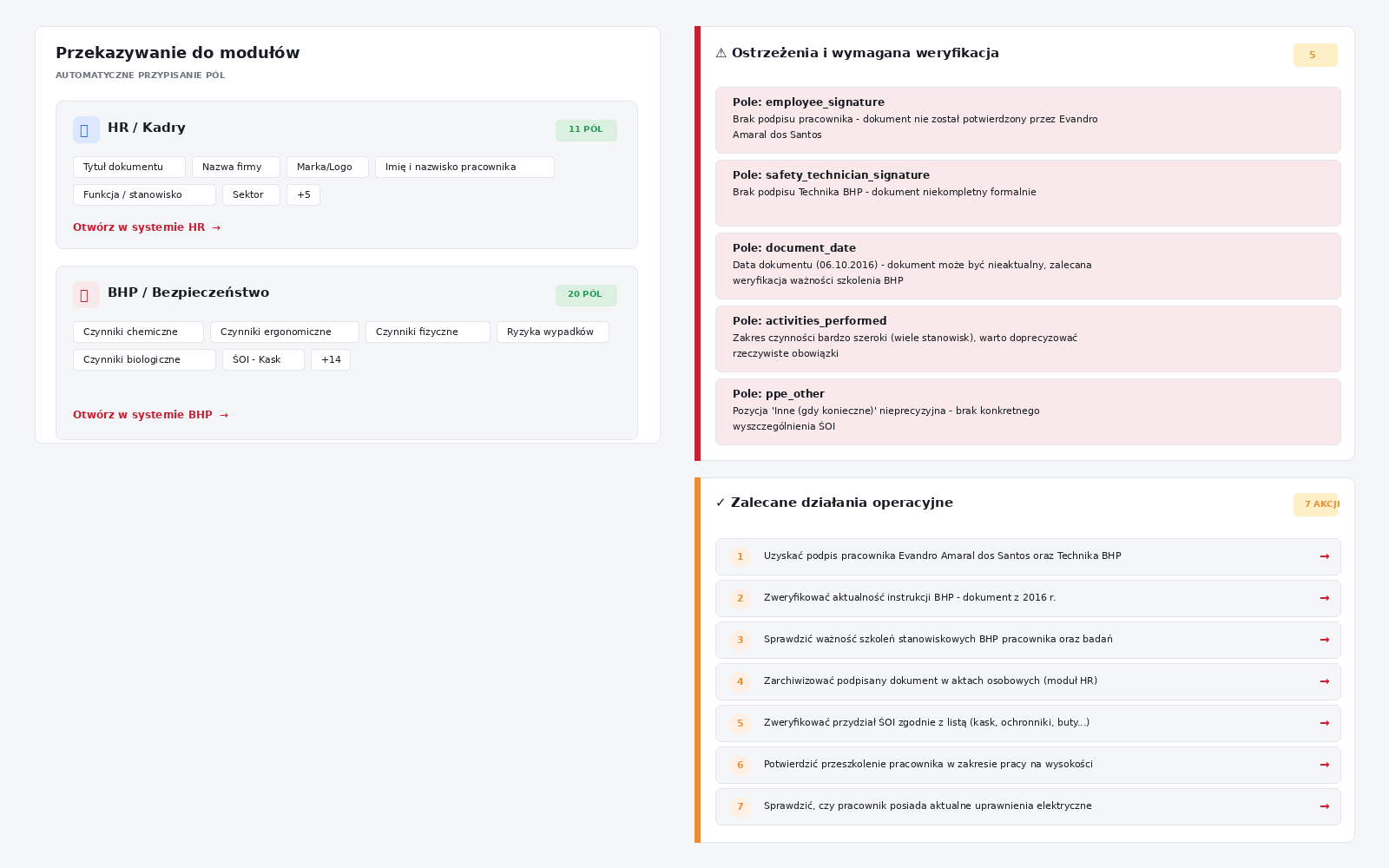 Automatyczne przekazanie pól do modułów i lista ostrzeżeń