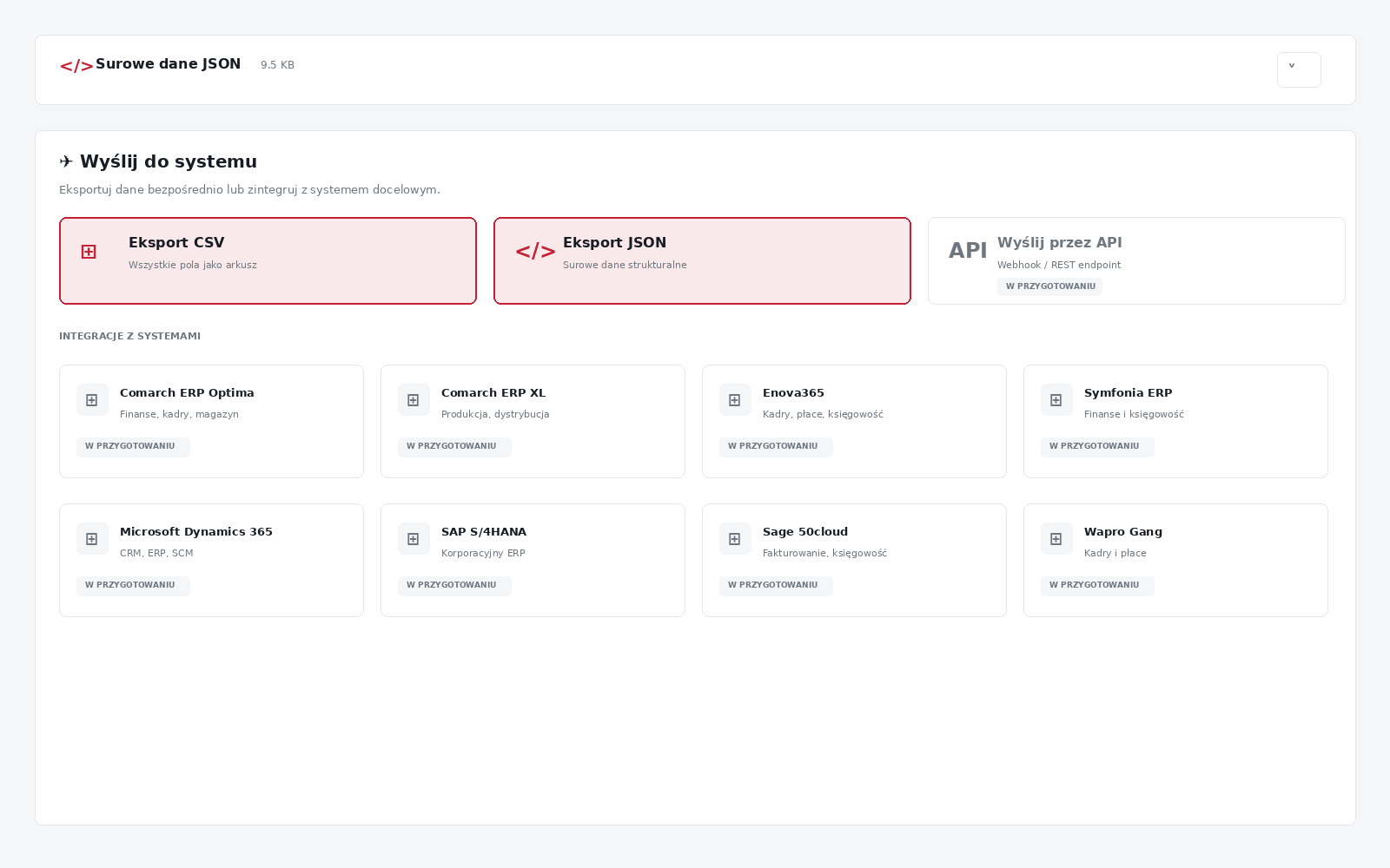 Eksport danych do CSV, JSON, API i konektory ERP
